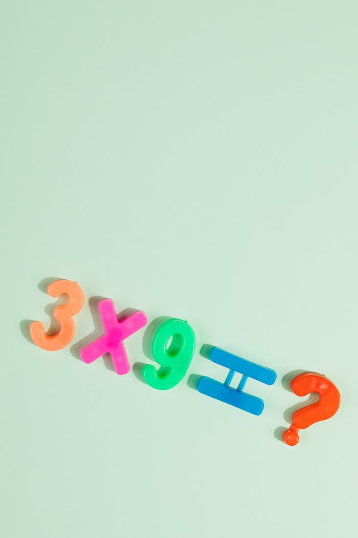 gallery-2 Bright numbers and symbols for multiplication equation on pastel green surface.